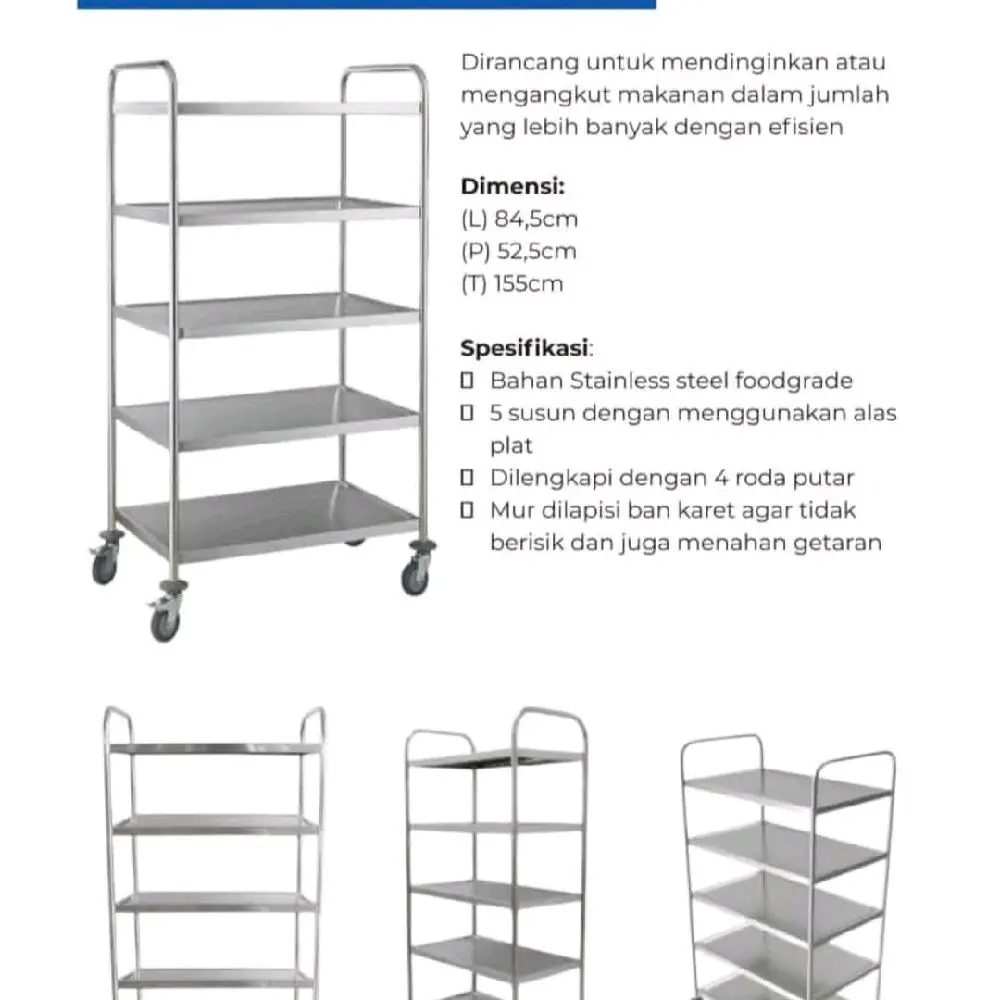 troli makanan foodgrade / trolley stainless stell 3 susun dan 5 susun