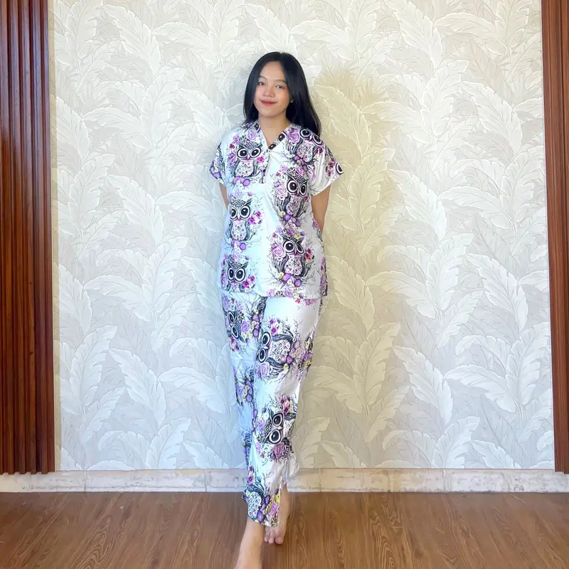 LONG ONE SET OWL ECER TERBARU BUSUI FRIENDLY RAYON WANITA PREMIUM JUMBO  Motif Nyaman Setelan Kancing Baju Pendek Celana Panjang Lembut 1