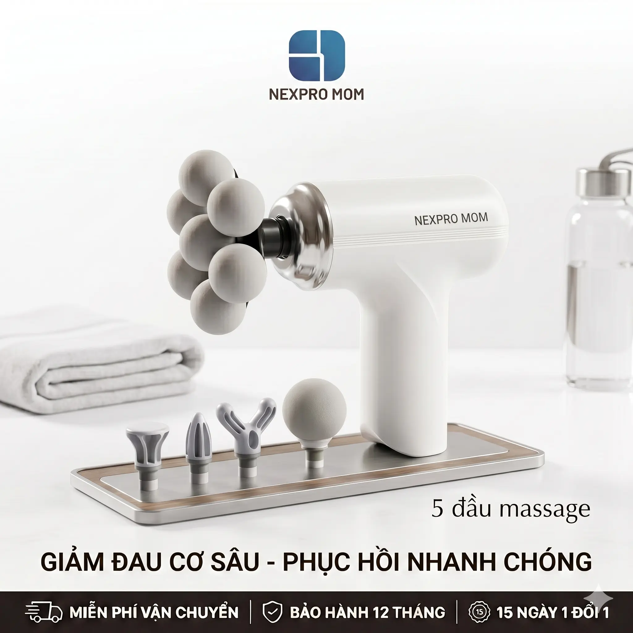 Máy massage cầm tay NEXPRO Phiên bản 5 đầu , 4 đầu mới - Công Nghệ AI Cảm Biến Lực dung lượng pin cao - Bảo Hành 12 tháng