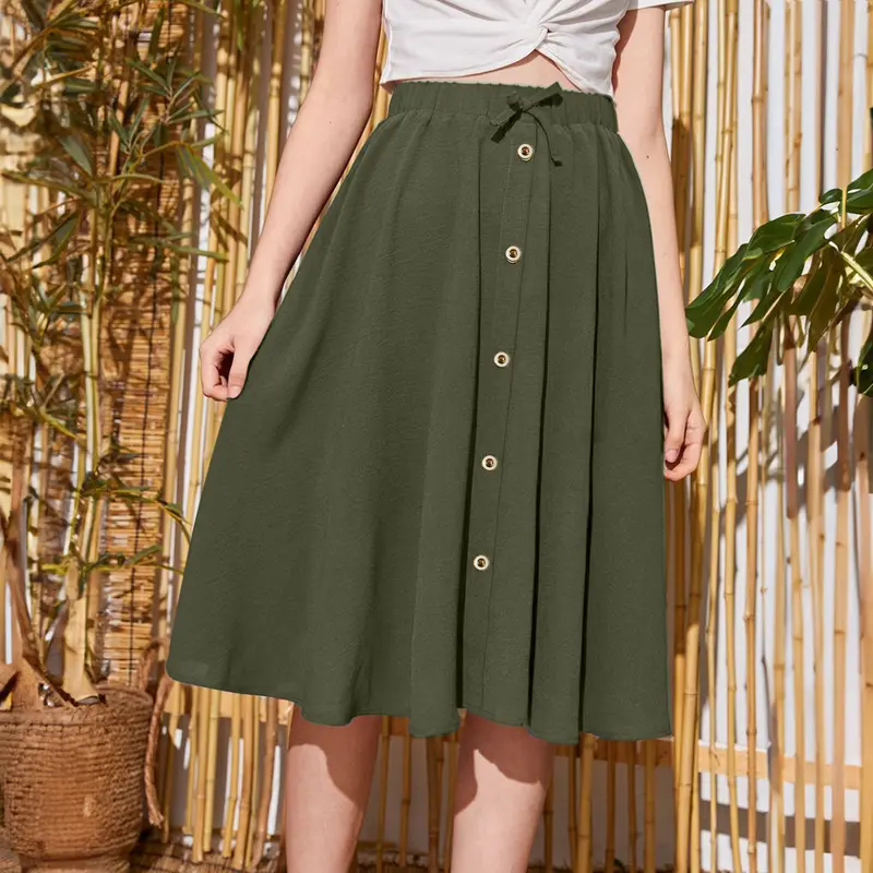 Rok Midi Selutut Pita Korea Terbaru Bahan Crinkle Jatuh dan Nyaman Digunakan Hiasan Kancing Hitam A-Line Cantik Airflow  wanita original rok hitam 5