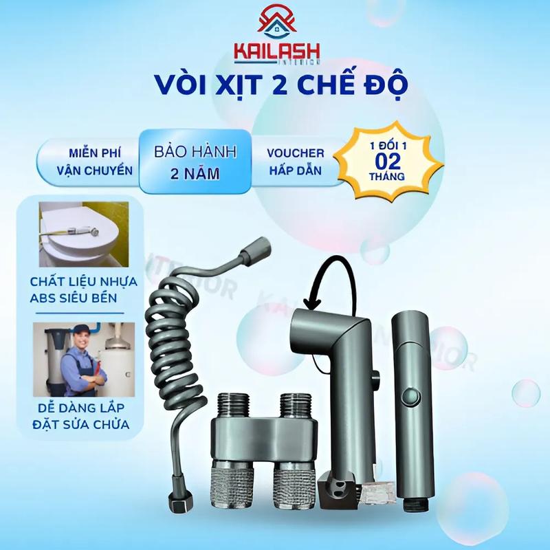 Bộ vòi xịt vệ sinh tăng áp 2 chế độ xoay cao cấp có đi kèm van gốc chia nước bảo hành 2 năm - KAILASH INTERIOR 1
