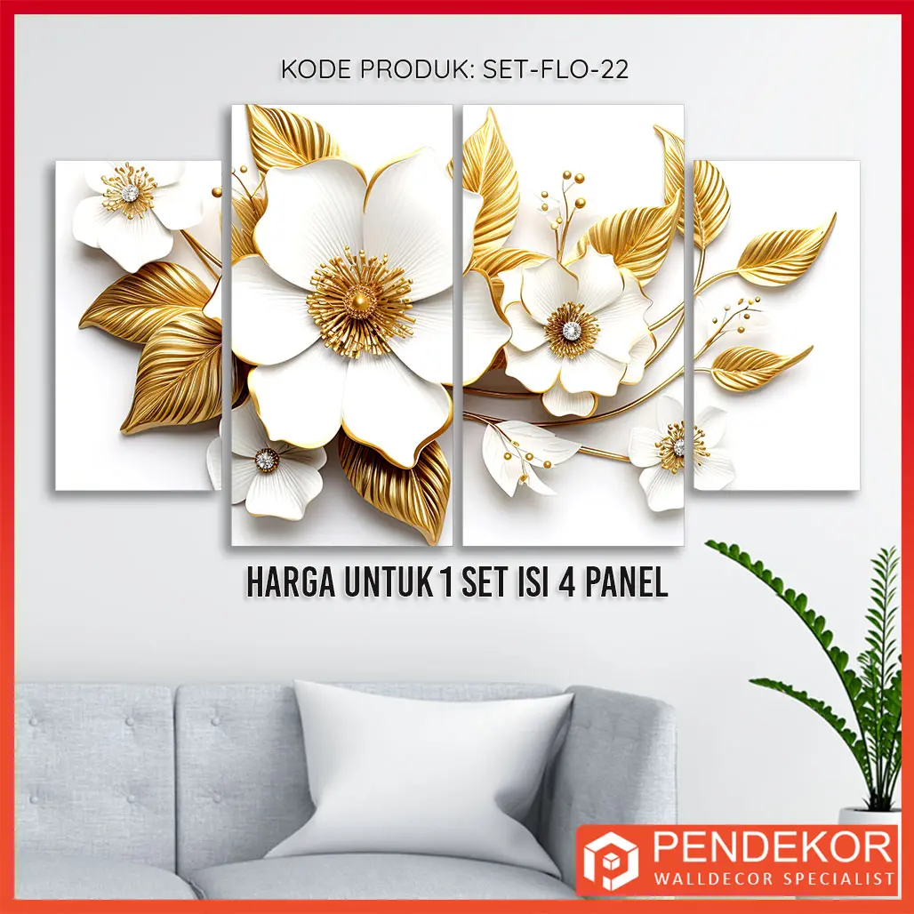 Hiasan Dinding 1 Set Bunga 3D Elegan 4 Panel Wall Decor White Gold Flower Pajangan Kamar Aesthetic Dekorasi Ruang Tamu SET-FLO-22