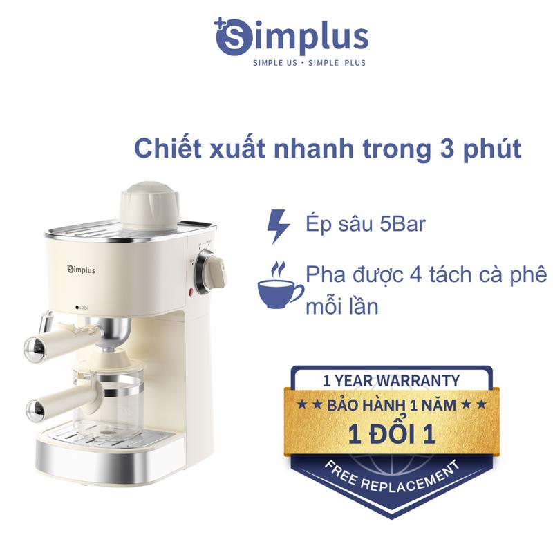 SimplusVN Máy pha cà phê Simplus, máy pha cà phê Ý nhỏ gọn bán tự độngKFJH021, áp suất 5 Bar, tay cầm 51mm, giữ nhiệt ổn định, tạo bọt sữa bằng hơi, thao tác đơn giản, bình nước 240ml, pha được latte và cappuccino Bảo Hành 1 Năm Chỉ Đổi Không Đổi
