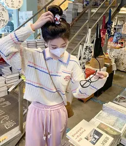 FUGUI Atasan Rajut Kerah Salur K-style Pink Collared Semi Crop Top 7364 Top Soft Knit Stripe Wanita Fashion