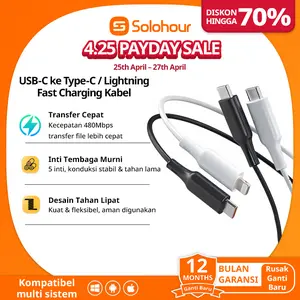 Solohour Kabel USB-C ke USB-C dan USB-C ke Lightning 1m/2m 480Mbps Transfer Cepat Tahan Tekuk 30000 Kali Inti Tembaga Murni