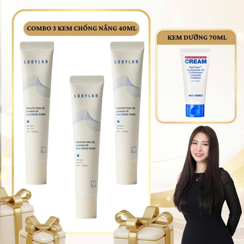  SN1939 - Combo 4 sản phẩm: 3 Tuýp Kem Chống Nắng Lubylab Waterfull Tone-up Essence UV Blue Shield SPF50+ PA++++ 40ml + 1 Kem dưỡng da Daily Weekly 70ml 