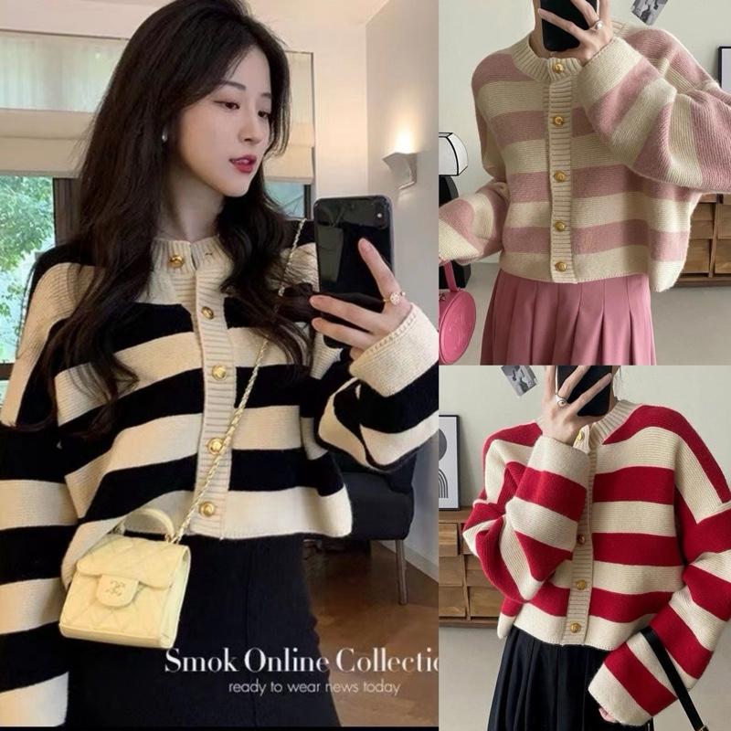 (HÀNG QC LOẠI 1) Áo Cardigan len dáng croptop cúc vàng dày dặn kẻ sọc ngang màu sắc trẻ trung Hottrend phong cách Hàn Quốc SP39