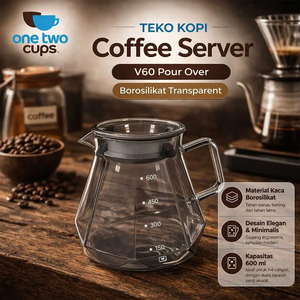 Teko Kopi V60 Coffee Server Borosilicate Glass dengan Tutup Saringan & Gagang Ergonomis – Kapasitas 600ml