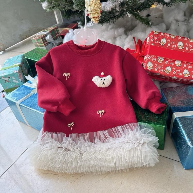  Váy nỉ đỏ phối bèo tutu xinh cho bé gái mặc tết noel 