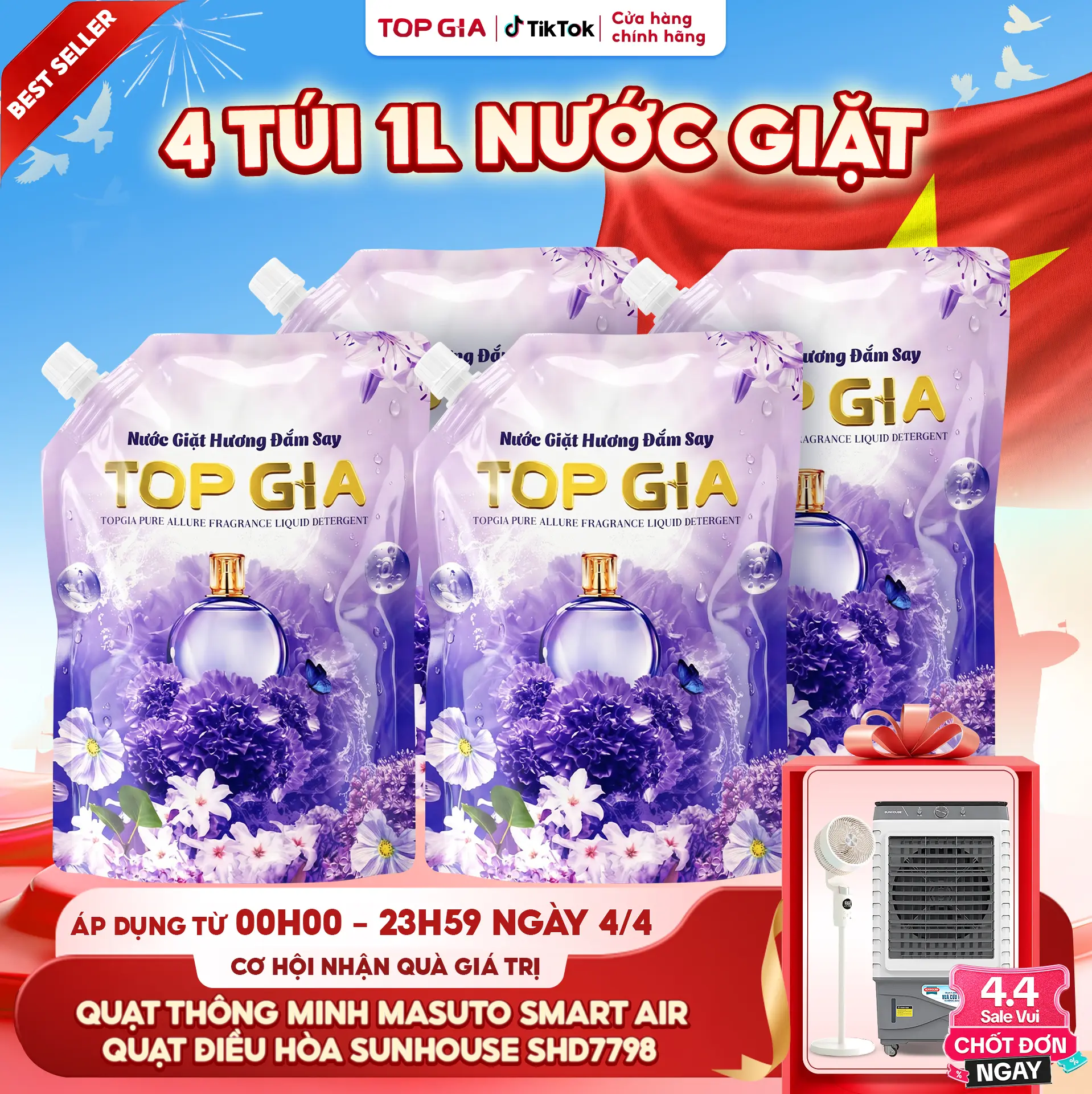 MUA 2 TÚI TẶNG 2 TÚI Combo 4 Túi 4000ml Nước Giặt Xả TopGia (1L/Túi) – Hương Lavender Đắm Say, Làm Sạch Quần Áo, Ngừa Khuẩn, Mềm Vải & Lưu Hương Dễ Chịu – Sản Xuất Tại Việt Nam bta