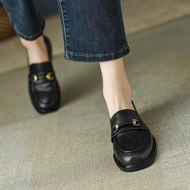 Product Introduction of Super Easy to Wear ~ Real Soft Leather round Toe Vintage Chunky Heel Loafers Women's Spring and Autumn New British Leather Shoes Mid-Heel Shoes 20