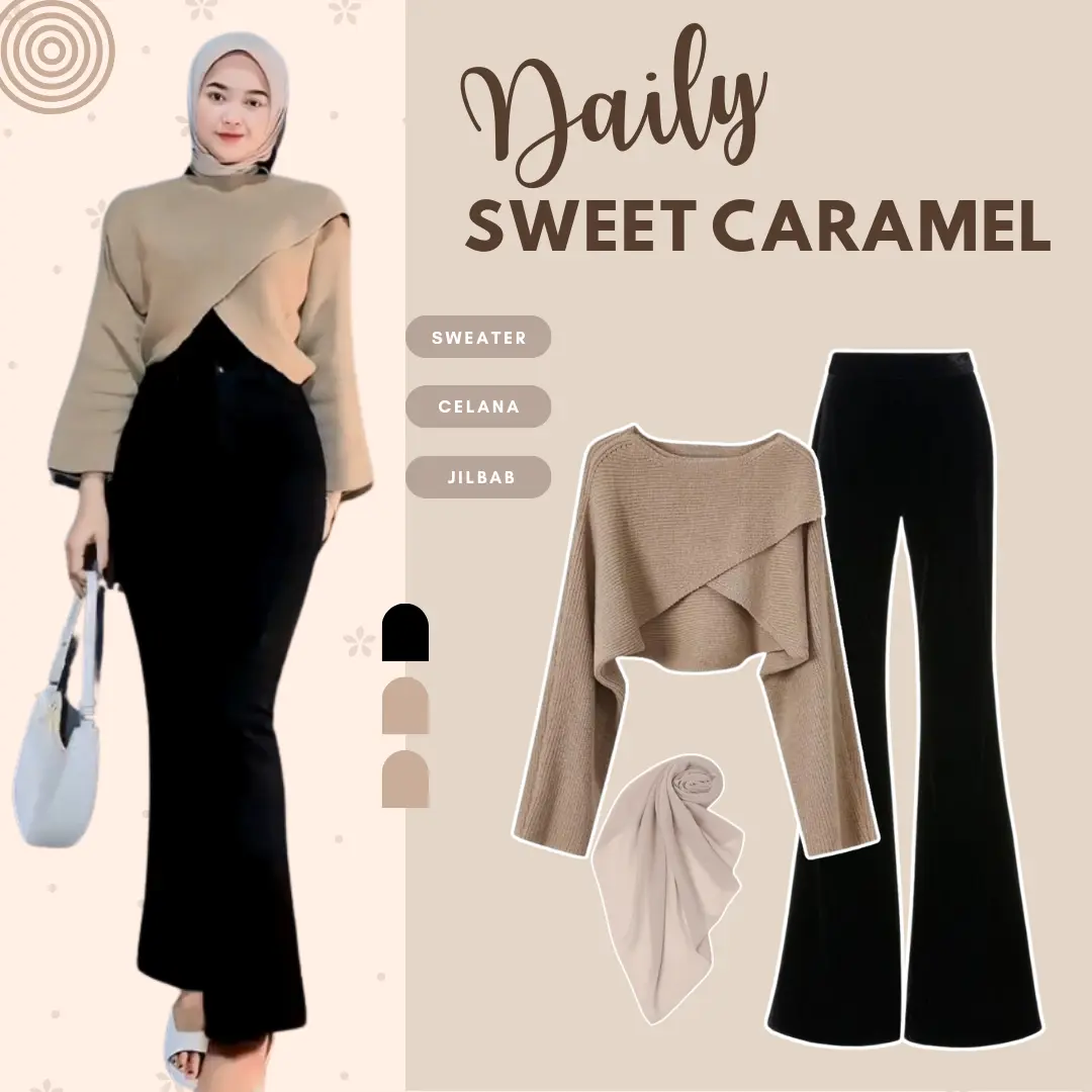 1 Set Outfit Wanita Kekinian ( Sweater Rajut - Celana Cutbray - Jilbab Bella Square ) Setelan LS094 Baju Cantik