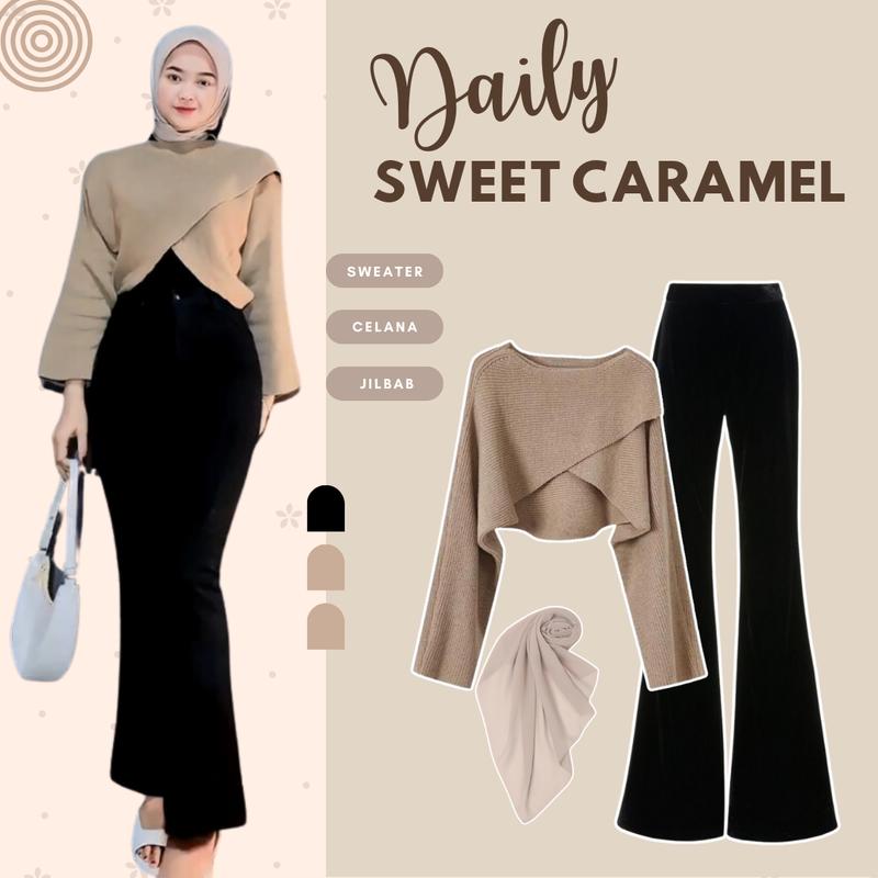 1 Set Outfit Wanita Kekinian ( Sweater Rajut - Celana Cutbray - Jilbab Bella Square ) Setelan LS094 Baju Cantik 1