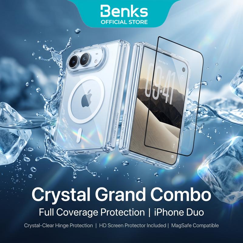 Bộ combo BENKS Crystal Grand cho Iphone Duo, bộ bảo vệ 3 món với khung trước bằng polycarbonate trong suốt, ốp lưng mặt sau siêu trong suốt và miếng dán màn hình HD, chống vàng hóa, thiết kế siêu trong suốt, mỏng nhẹ