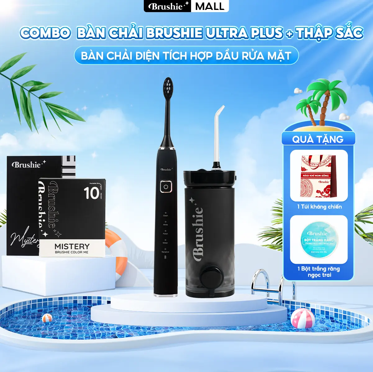 [DEAL SHOCK GIẢM 100K] Combo bàn chải điện Brushie Ultra Plus chính hãng tích hợp đầu rửa mặt và Tăm nước mini Brushie Thập sắc nhỏ gọn hỗ trợ làm sạch hiệu quả [ BẢO HÀNH 1000 NGÀY ] - tặng 2 túi kháng chiến + 2 bột trắng răng ngọc trai