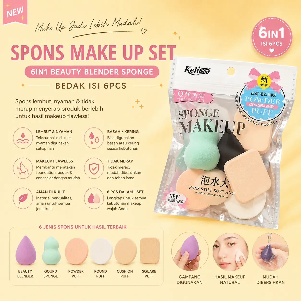 Spons Make Up Set 6in1 Beauty Blender Sponge Bedak Isi 6pcs