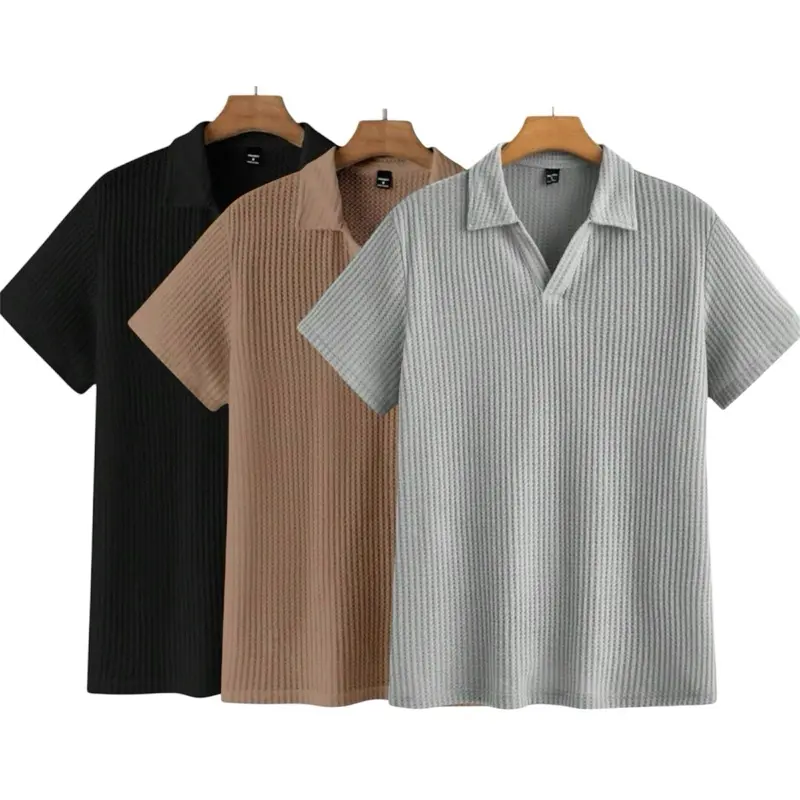 Paket 3 pcs Kaos polo lengan pendek pria V-neck waffle premium baju distro terbaru Atasan Kerah Dewasa Cowok 1