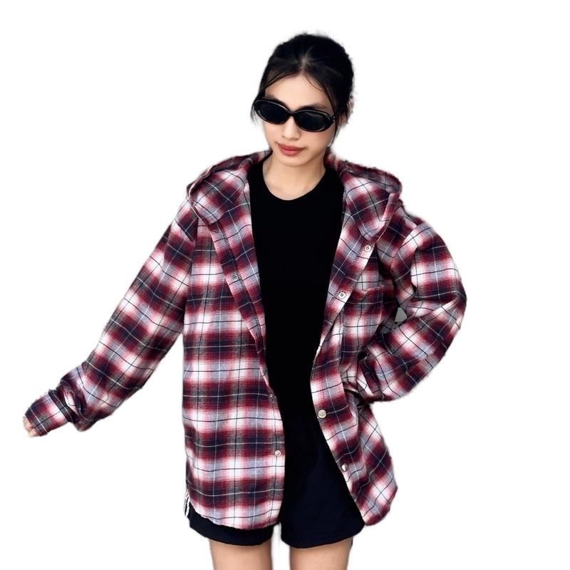 Áo Khoác Sơ Mi Nón Kẻ Caro Vải Cate Mỏng Nhẹ Nam Nữ Nón 2 Lớp Có Túi Trong