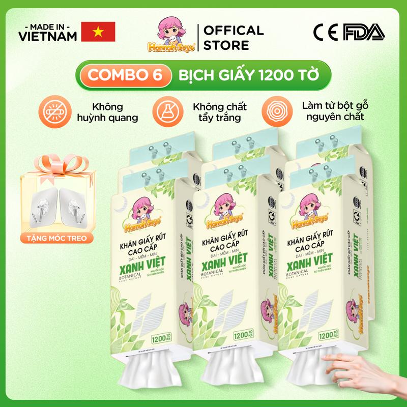 (Live HN) COMBO 06 bịch Khăn giấy rút 1200 tờ/4 lớp XANH VIỆT Hannah-Seyo treo tường