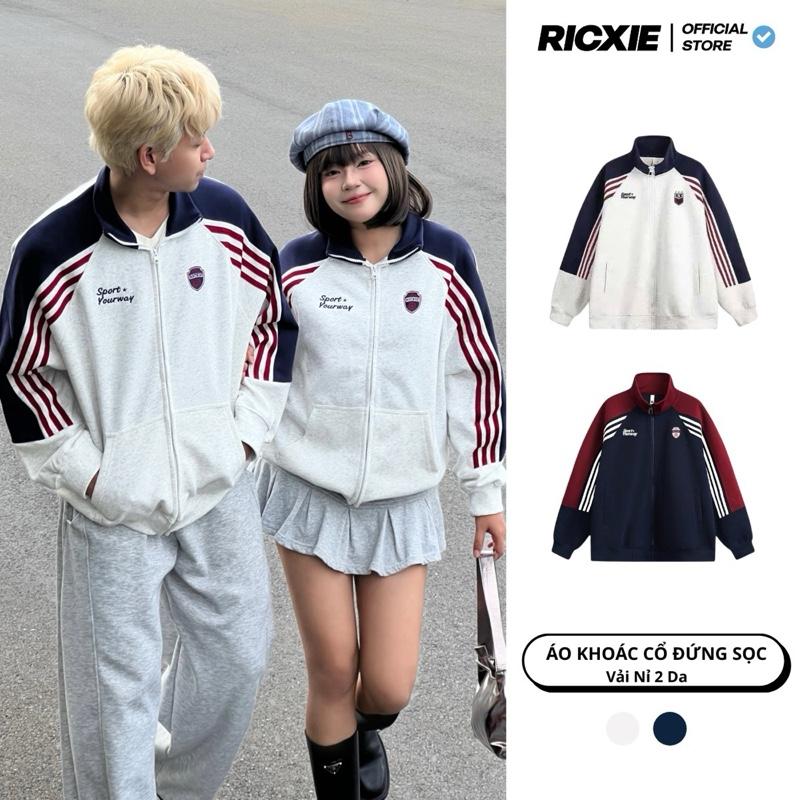  ÁO KHOÁC CỔ ĐỨNG SỌC Vải Nỉ 2 Da Ricxie Kẻ Sọc Phong Cách Stresswear thể thao 
