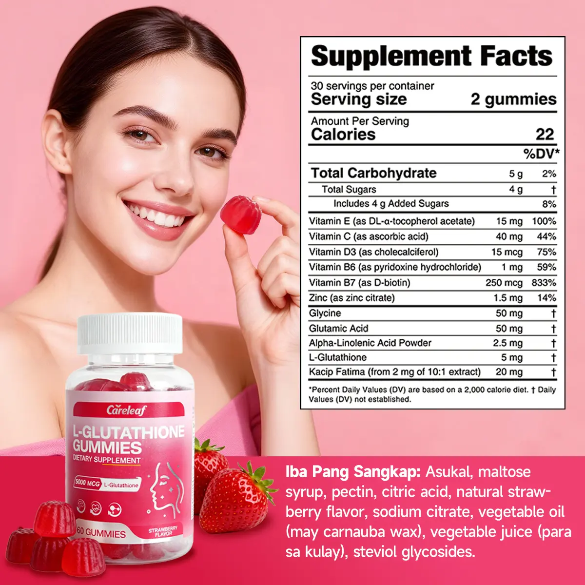 Skincare Gifts]Careleaf L-Glutathione Gummies 5000mcg Glow Supplement with  Vitamin C & E and Zinc
