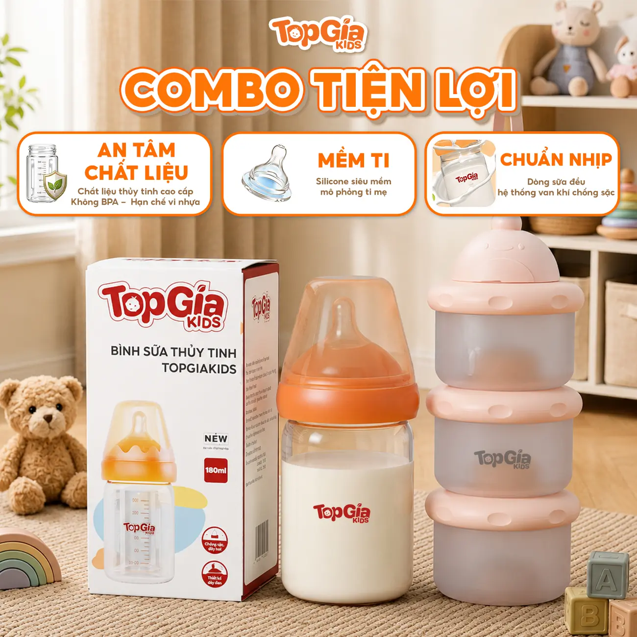 [Combo Tiện Lợi] Bình Sữa Thủy Tinh 180ml, Núm Ti Silicone Siêu Mềm, Van Khí Chuẩn Nhịp Sữa + 01 Hộp Trữ Sữa Bột 3 Tầng An Tâm Chất Liệu ntn