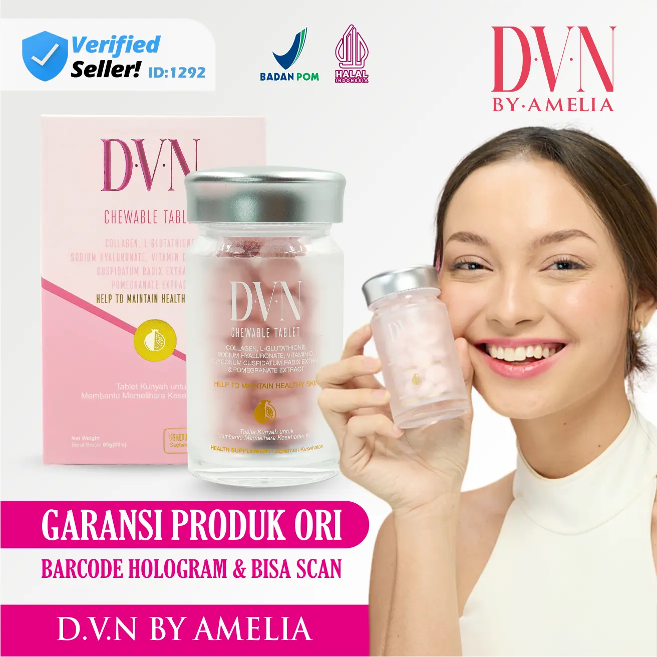 (TERLARIS) DVN Dengan Collagen Tablet Kunyah Suplemen Kesehatan untuk bantu Menjaga Memelihara Kesehatan Kulit | DVN Ori Asli 60 Tablet DVN COLLAGEN ORIGINAL ASLI BPOM HALAL 100% - A571292