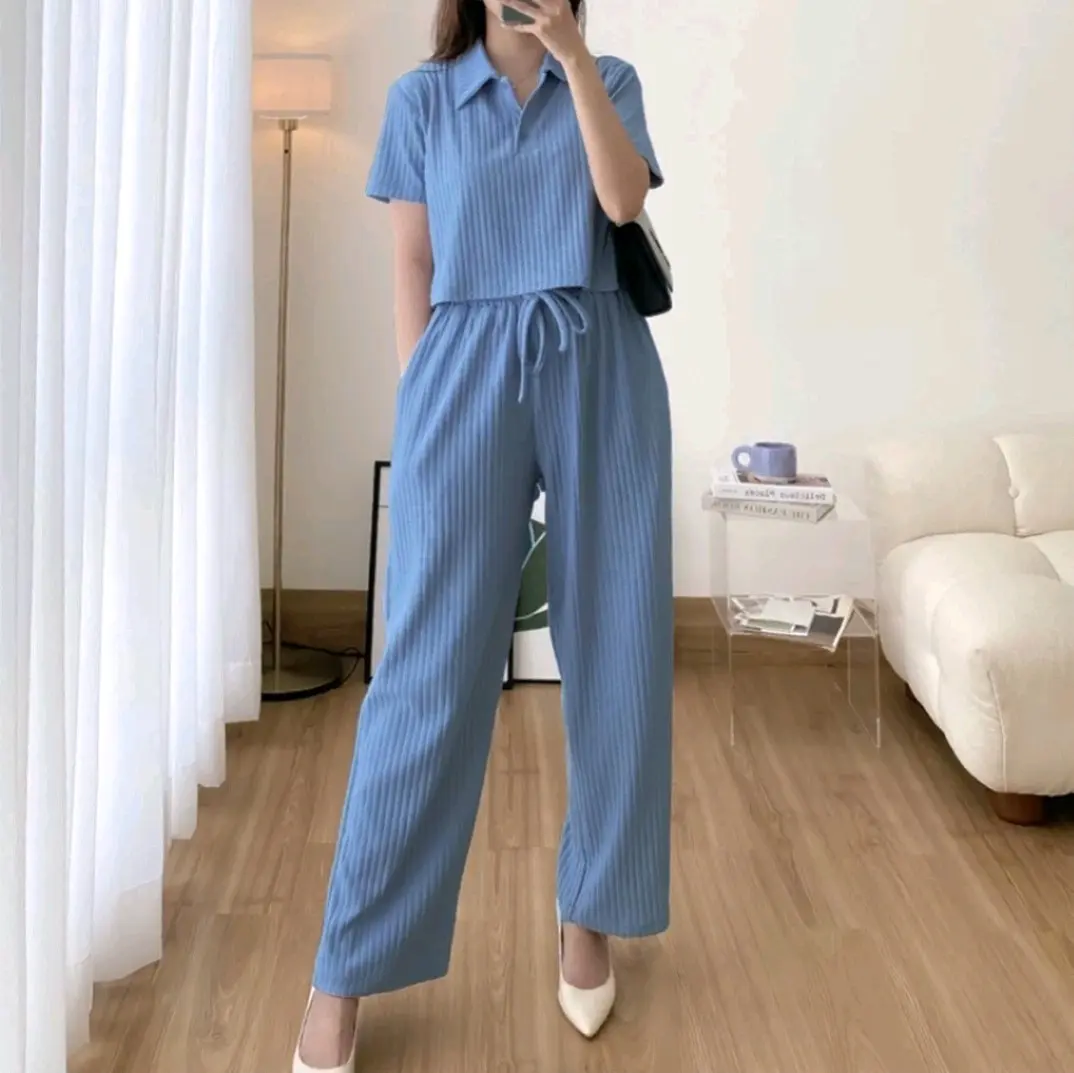 Setelan Crop Top Oneset Ribb Knit Celana Panjang Wanita Masakini Baju Kerah Variasi - Model Crop Top dengan Kerah Polo - Topi, Atasan