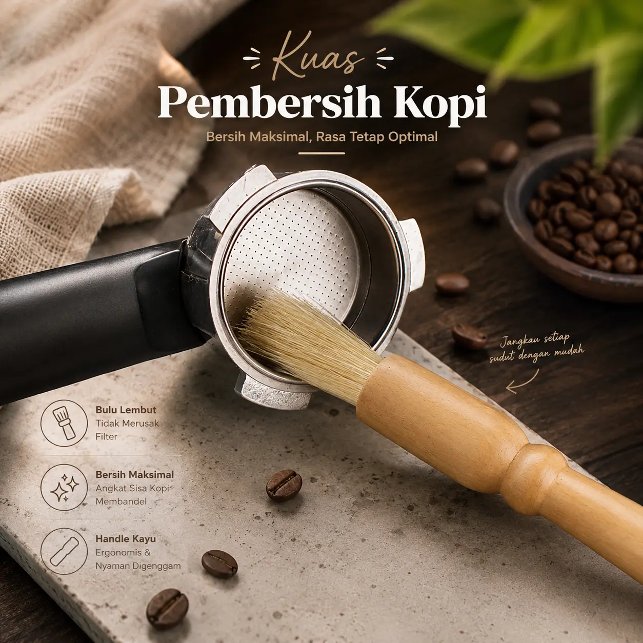One Two Cups Kuas Pembersih Portafilter Gilingan Kopi Bristles Wood - JN77