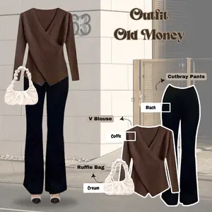 Setelan Wanita One Set Ootd Old Money Set 3in1 Sweater V Neck, Cutbray, Tas Kerut Wanita Outfit Korean Style - LN087 Celana Panjang Scuba
