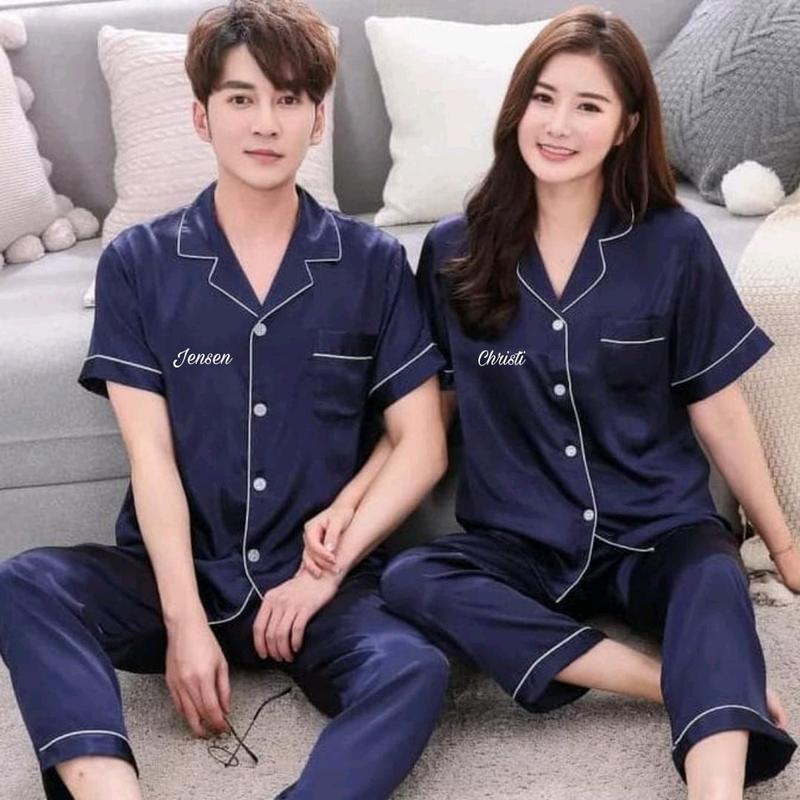 Piyama pajamas baju tidur couple pria wanita custom bordir nama hadiah kado gift nikahan wedding pernikahan prewedding / untuk seserahan murah unik lucu navy hitam merah maroon cewek cowok 6