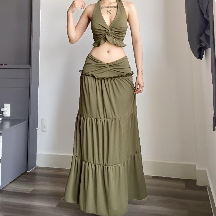 Set đầm áo cột cổ dáng ngắn xoắn phối bèo xinh + chân váy dáng dài xoè kiểu tính nữ dịu dàng sang chảnh Lolystore dress women HL105