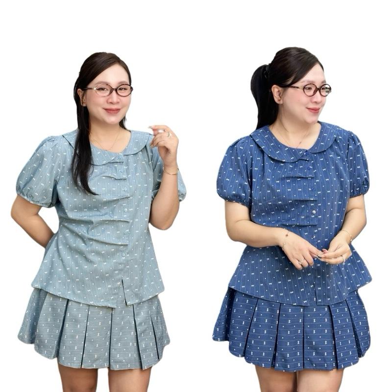 Set bộ bò giấy nơ cổ lệch chân váy ly CLLEE bigsize nữ (21324) Top