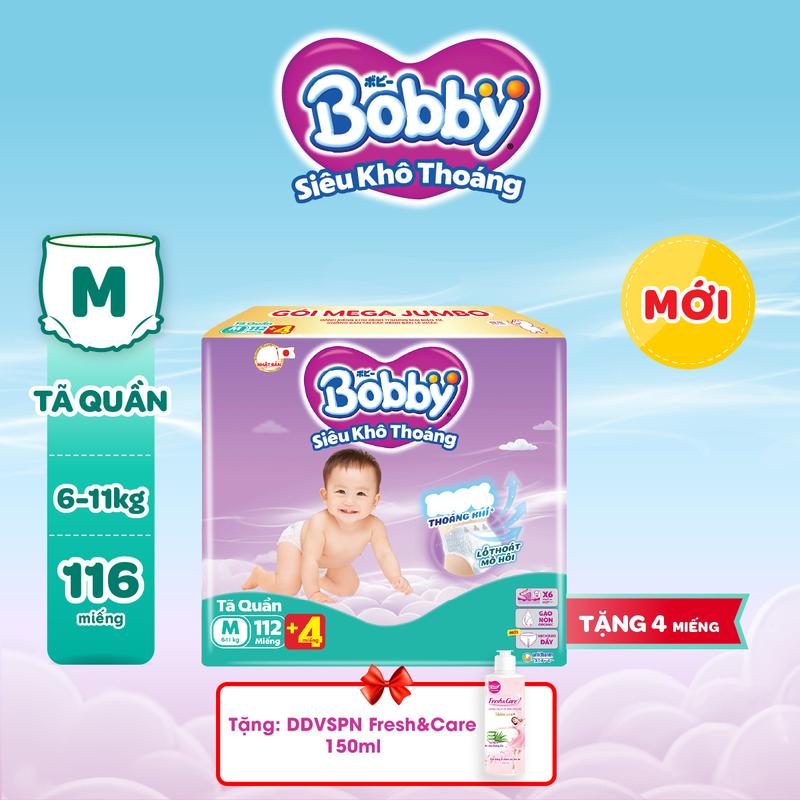 [TẶNG DDVSPN FRESH&CARE] Tã/bỉm quần Bobby Siêu Khô Thoáng M112/L96/ XL84/ XXL76 (cộng miếng ngẫu nhiên)
