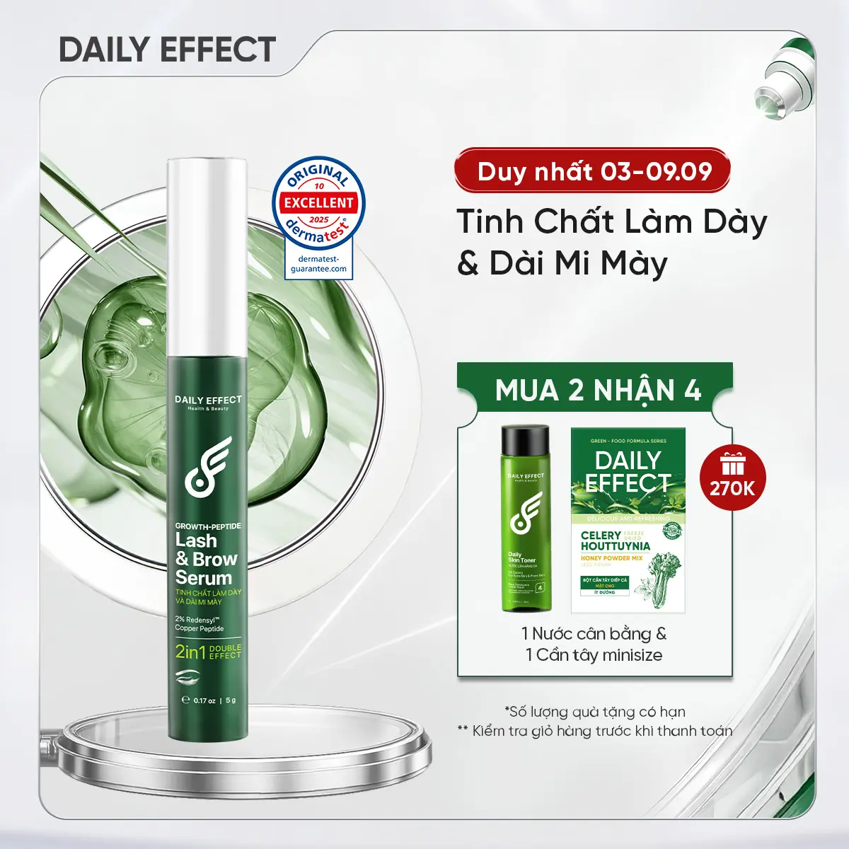 [Tinh Chất Làm Dày Và Dài Mi - Mày] DAILY EFFECT Growth Peptide Lash & Brow Serum (5g) - Kích hoạt sức mạnh sinh học từng nang lông