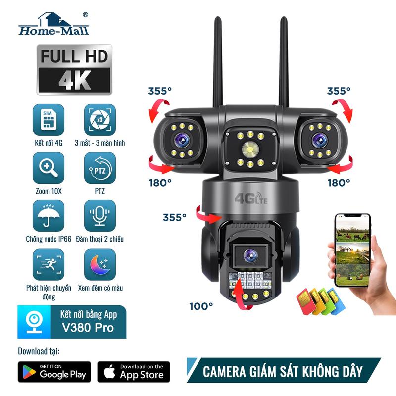 HOME-MALL Camera giám sát SIM 4G,3 ống kính 3 màn hình 4K FULL HD,Cắm điện là…