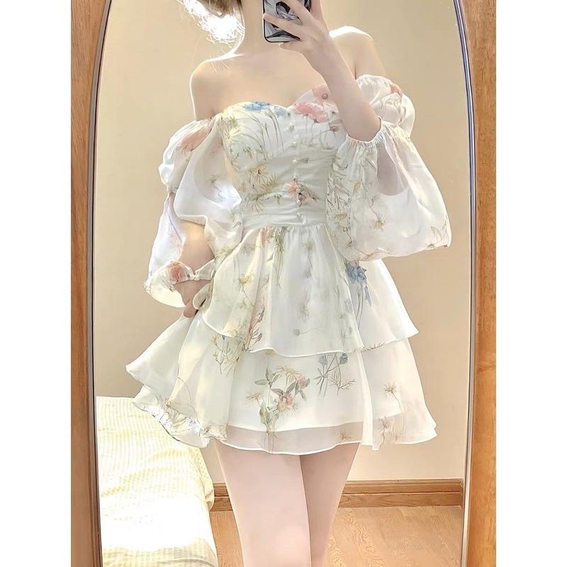 Váy Hoa Dài Tay Phong Cách Pháp Cho Nữ Váy Pettiskirt Cổ Tích Thanh Lịch Cao Cấp Eo Bó Sát Váy Ngắn Nhỏ Voan Dress Đầm Khuy