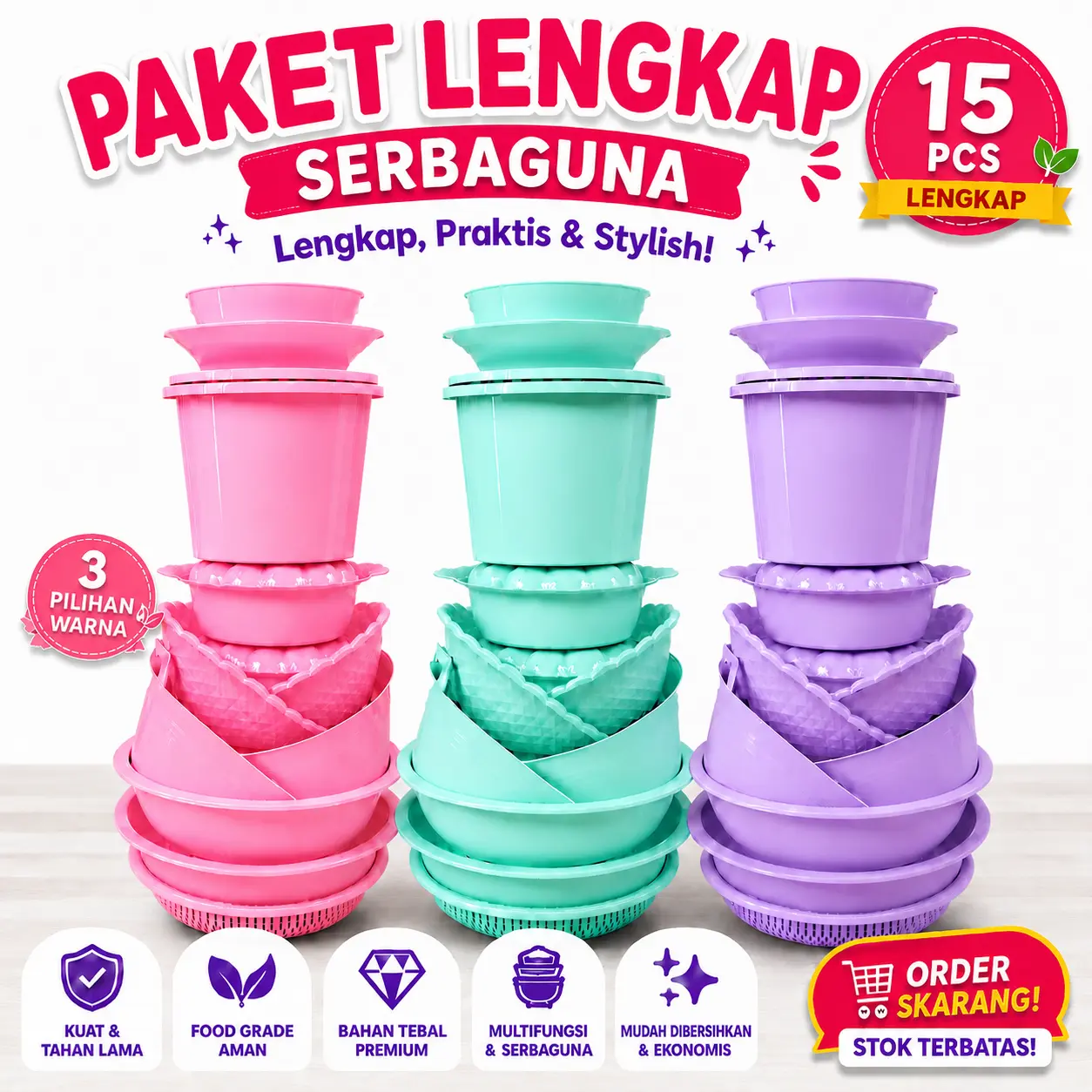 PAKET LENGKAP PERABOTAN DAPUR FOOD GRADE BPA FREE BASKOM JUMBO PIRING MANGKOK BASI SET PRASMANAN WADAH SAYUR SET PINK HIJAU UNGU PRASMANAN HAMPERS SET