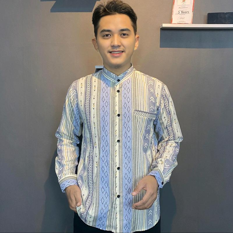 HM - Kemeja koko pria Dewasa lengan panjang Motif salur Batik, Atasan baju lebaran Keren Muslim terbaru 2025.Katun Formal Casual Santai 1