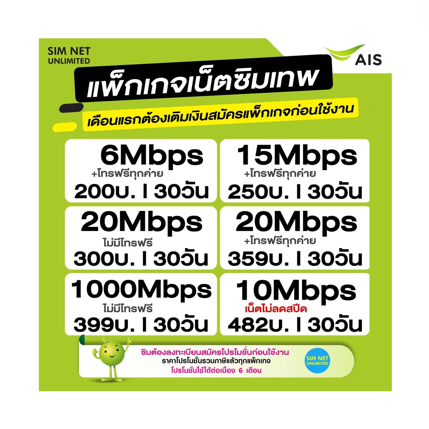 ซิมเทพ AIS เล่นเน็ตไม่อั้น +โทรฟรีทุกเครือข่าย 24ชม. ความเร็ว 4Mbps, 8Mbps,15Mbps, 20Mbps, 30Mbps (พ