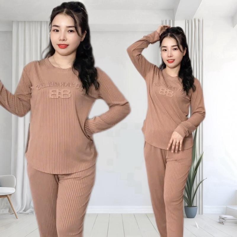 Đồ Bộ Cổ Tròn Gân Đũa Lạnh In Râp Nổi Vạt Bầu Tay Bo Quần Baggy Mềm Mịn