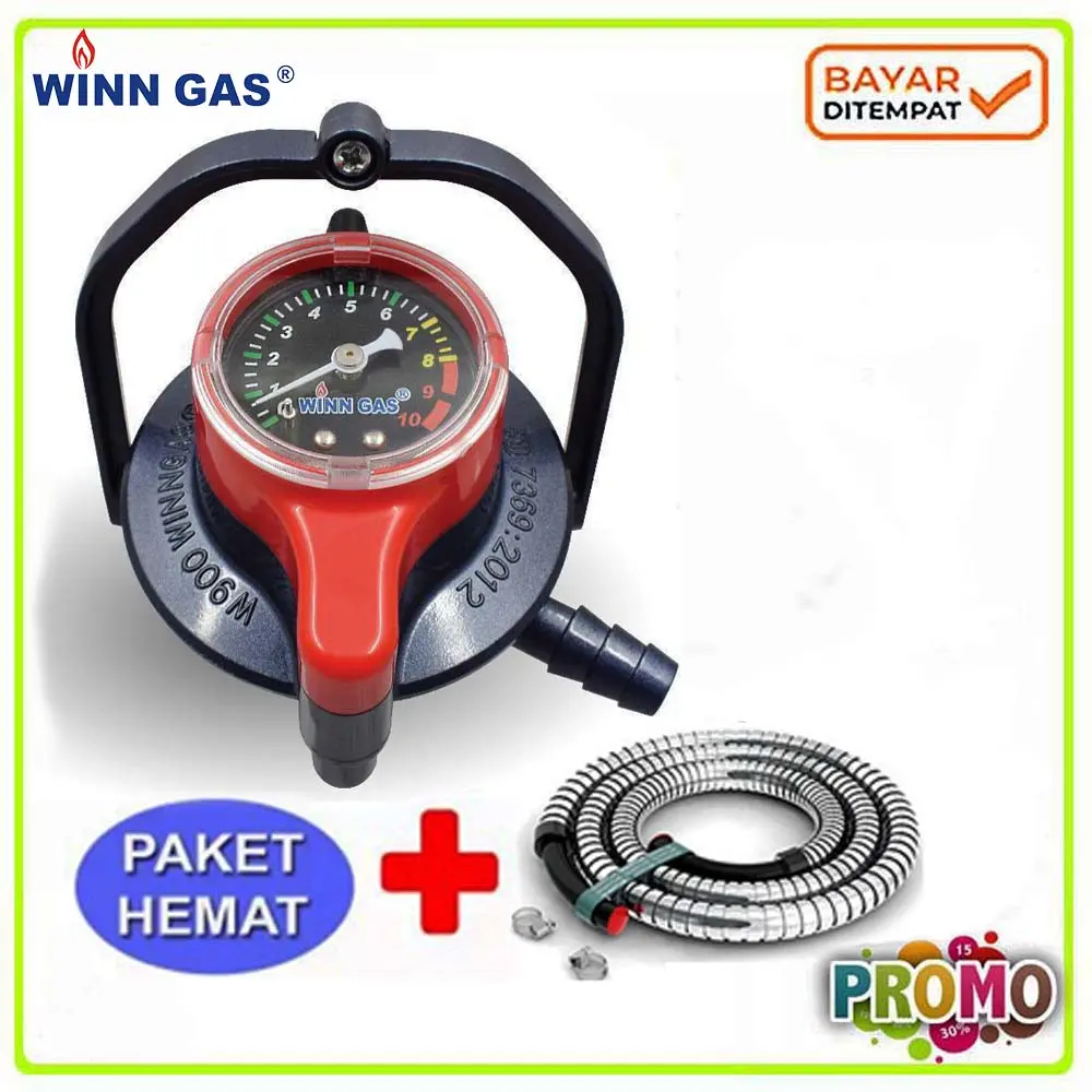 Winn Gas Regulator W900M Triple Lock - Regulator Gas dengan Triple Lock Pengunci Ganda Karet Seal Pengaman Hemat Gas Mudah Selang 1.8m Spiral Stainless