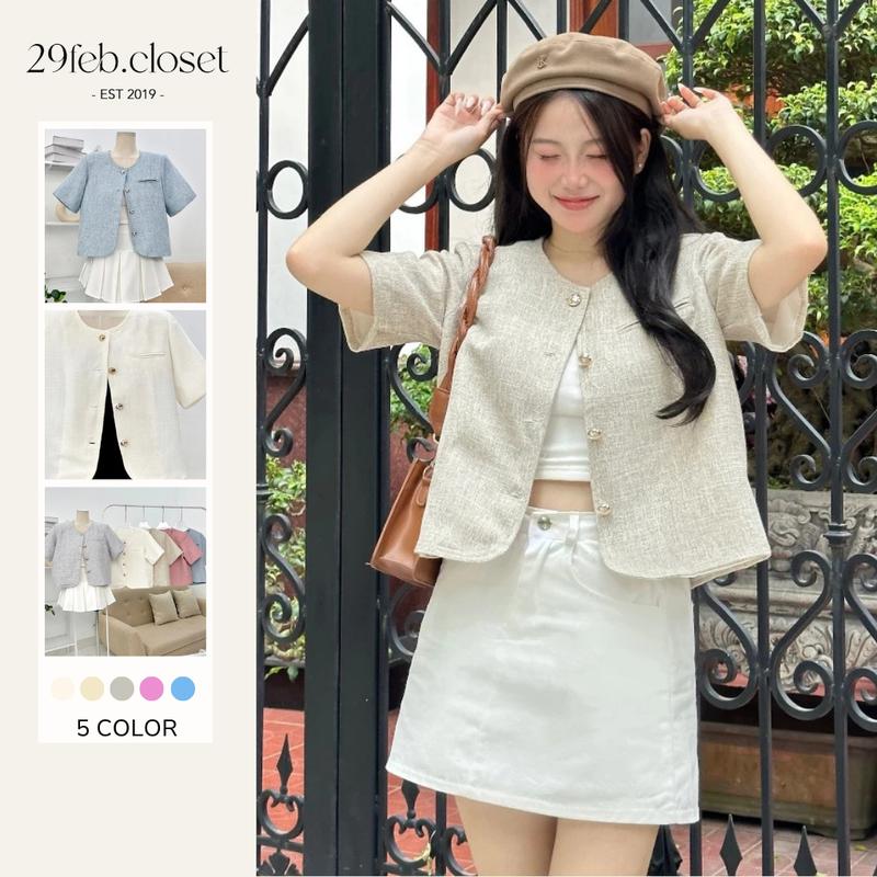 Áo blazer nữ chất dạ text ngắn tay cổ tròn 29feb.closet dáng lửng basic thời trang - A472 Women Top