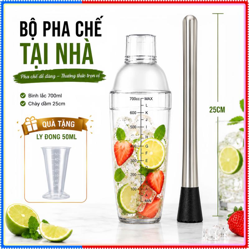 Bộ Pha Chế Đồ Uống Tại Nhà, Bình Lắc 700ml, Chày Dầm Inox 304 dài 25cm, Tặng Ly Đong 50ml