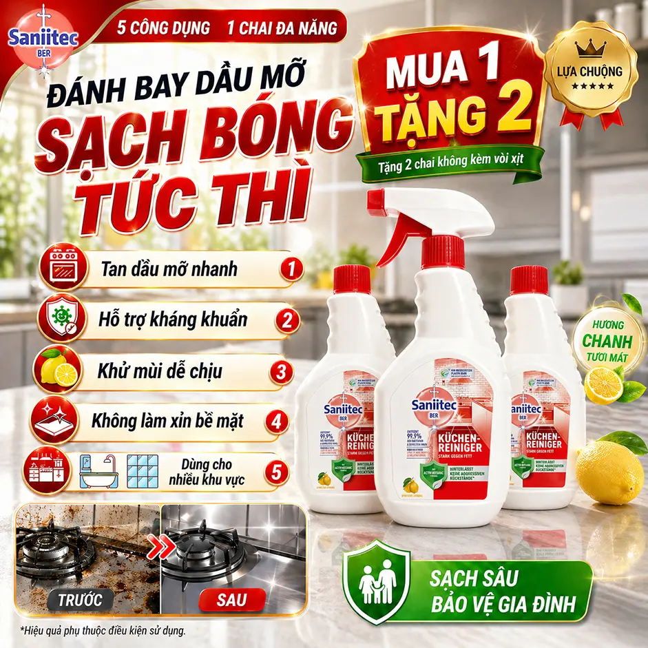 【MUA 1 TẶNG 2】 3 chai kèm 1 đầu xịt Nước Rửa Bếp Saniitec 500ml Diệt 99.9% Vi Khuẩn - Khử Dầu Mỡ Cứng Đầu & Mùi Hôi Hiệu Quả | Không Cặn, An Toàn Da Tay | Công Nghệ Đức - Chuyên Dụng Cho Bếp Gia Đình