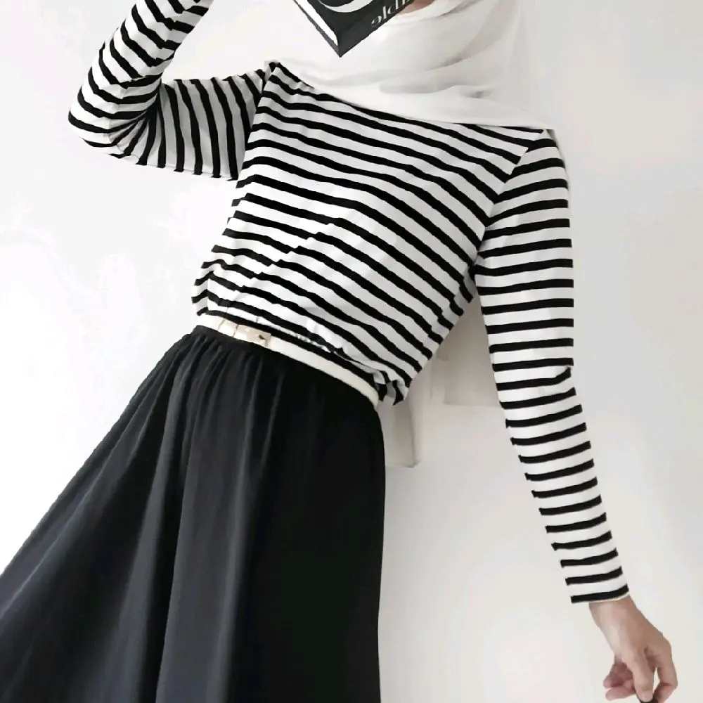 minimalistyle - ELORA Inner Manset Lengan Panjang Stripe Hitam Putih Kaos Motif Salur Garis