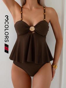 Conjunto de traje de baño tipo tankini de dos piezas para mujer, estilo playa veraniego, sexy, con cobertura del vientre y efecto adelgazante, color sólido