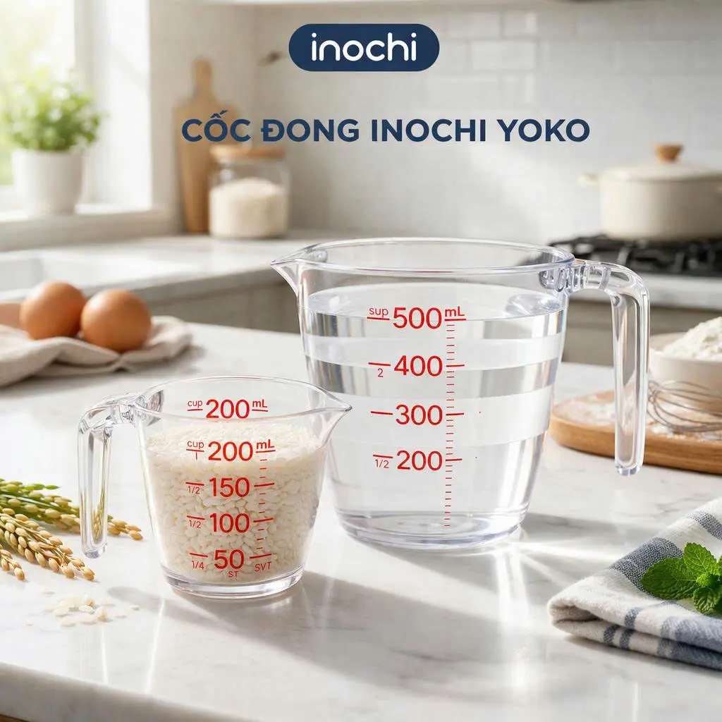 Cốc đong Inochi - Yoko cỡ to/ cỡ nhỏ, Chia vạch rõ ràng, dễ dàng định lượng chính xác các loại thực phẩm lỏng và bột. Phần đầu nhọn giúp rót, đổ dễ dàng, hạn chế tràn.