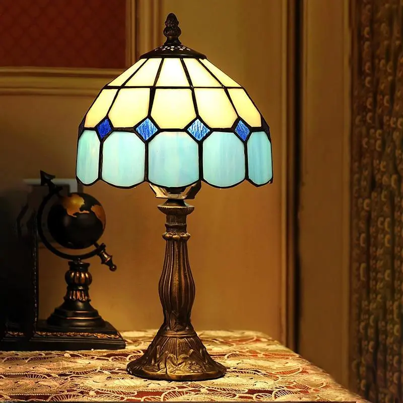 Tiffany Table Lamp 8 Inch Mediterranean Stained Glass Lamp Shade Bedside Reading Lamp Antique Vintage Decoration Desk Lamp For Living Room, Bedroom, Office, Hotel