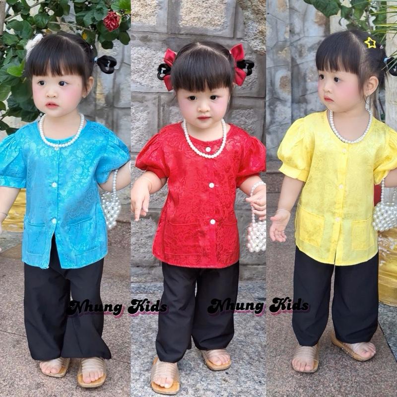   8kg-13kg Bà ba gấm áo tay phồng  quần lửng  lụa mịn mát cho bé gái dưới 3 tuổi 